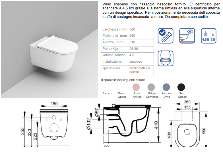 COPPIA DI SANITARI SOSPESI RIMLESS BIANCO OPACO SERIE MIRTO DI CERAMICA DOLOMITE PROF.55 CON SEDILE SOFTCLOSE  DISPONIBILE IN 15 GG